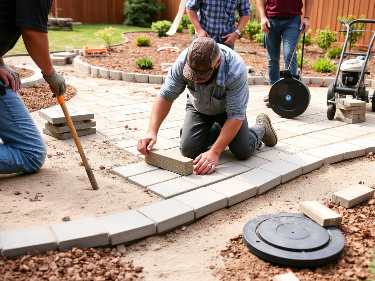 Hardscaping crew laying paver stones for a backyard patio