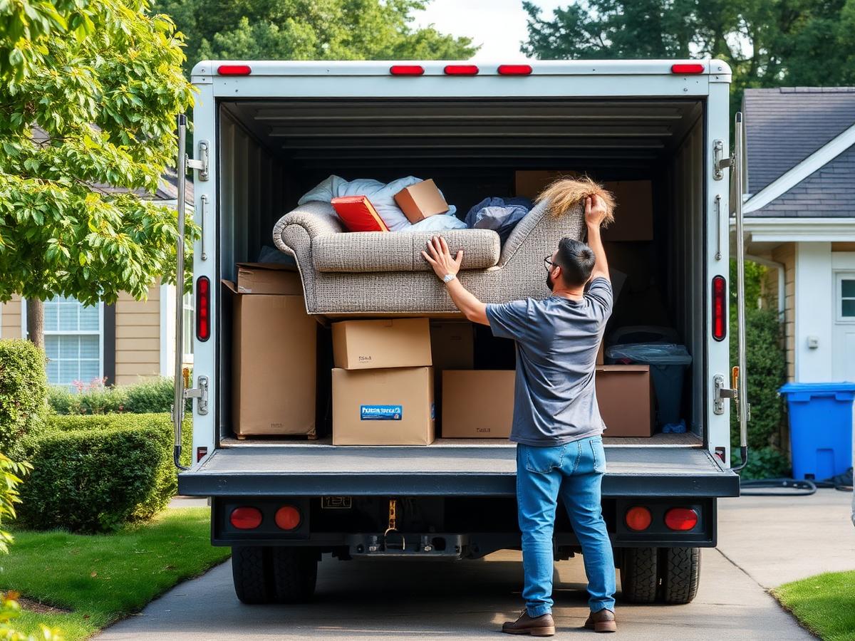Junk removal crew loading furniture into a truck in a driveway