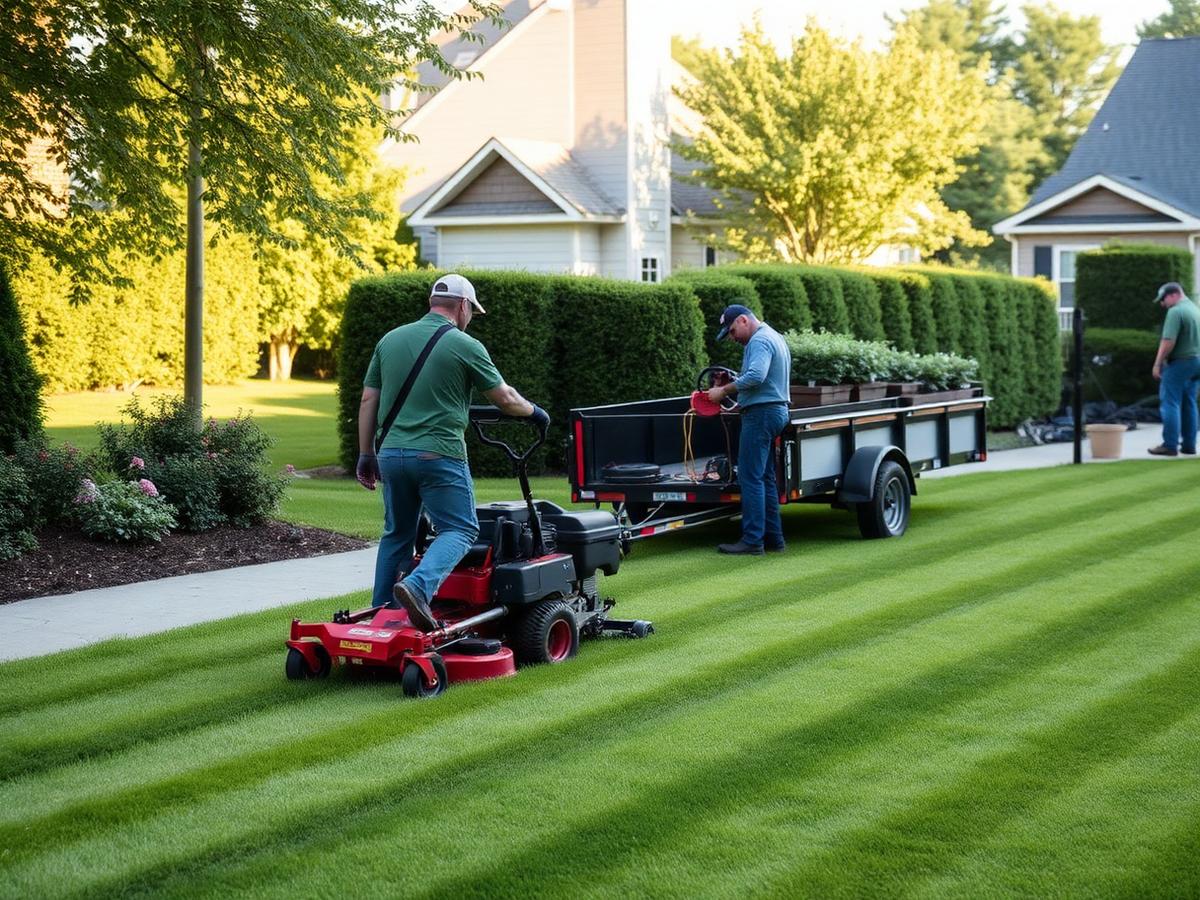 Landscaping crew mowing and trimming a suburban lawn