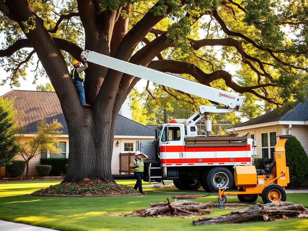 Tree service crew removing limbs from a large oak in a residential yard